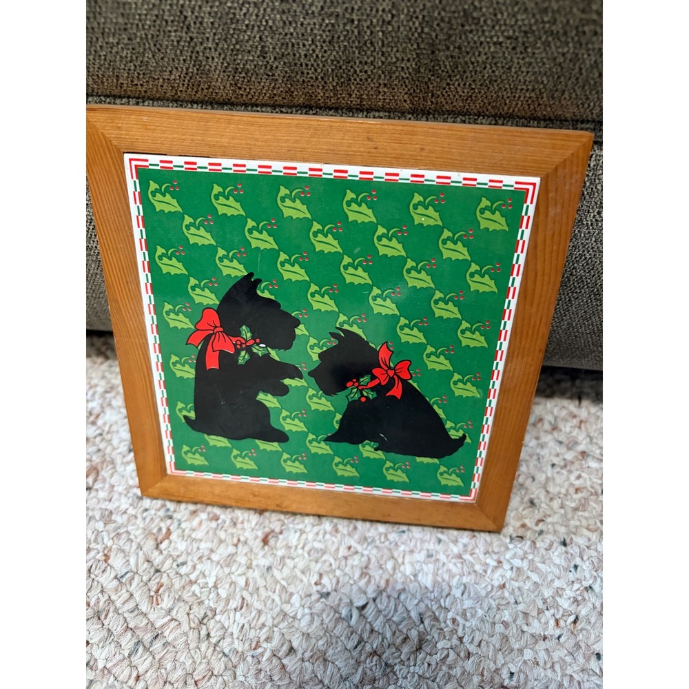 Vintage Christmas Scottie Dog Framed Wall Art Scottish Terrier Holiday Decor